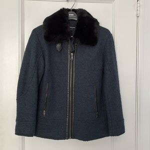 Kenneth Cole faux fur collar navy blue with black trim moto coat XS